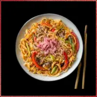Wagamama Yaki Soba Chicken — egg noodles stir-fried with chicken, seasonal vegetables, and soy sauce.